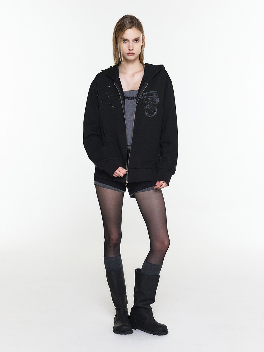 【3hreeto8ighty】EYELET POCKET HOODIE ZIP-UP - 2 colors