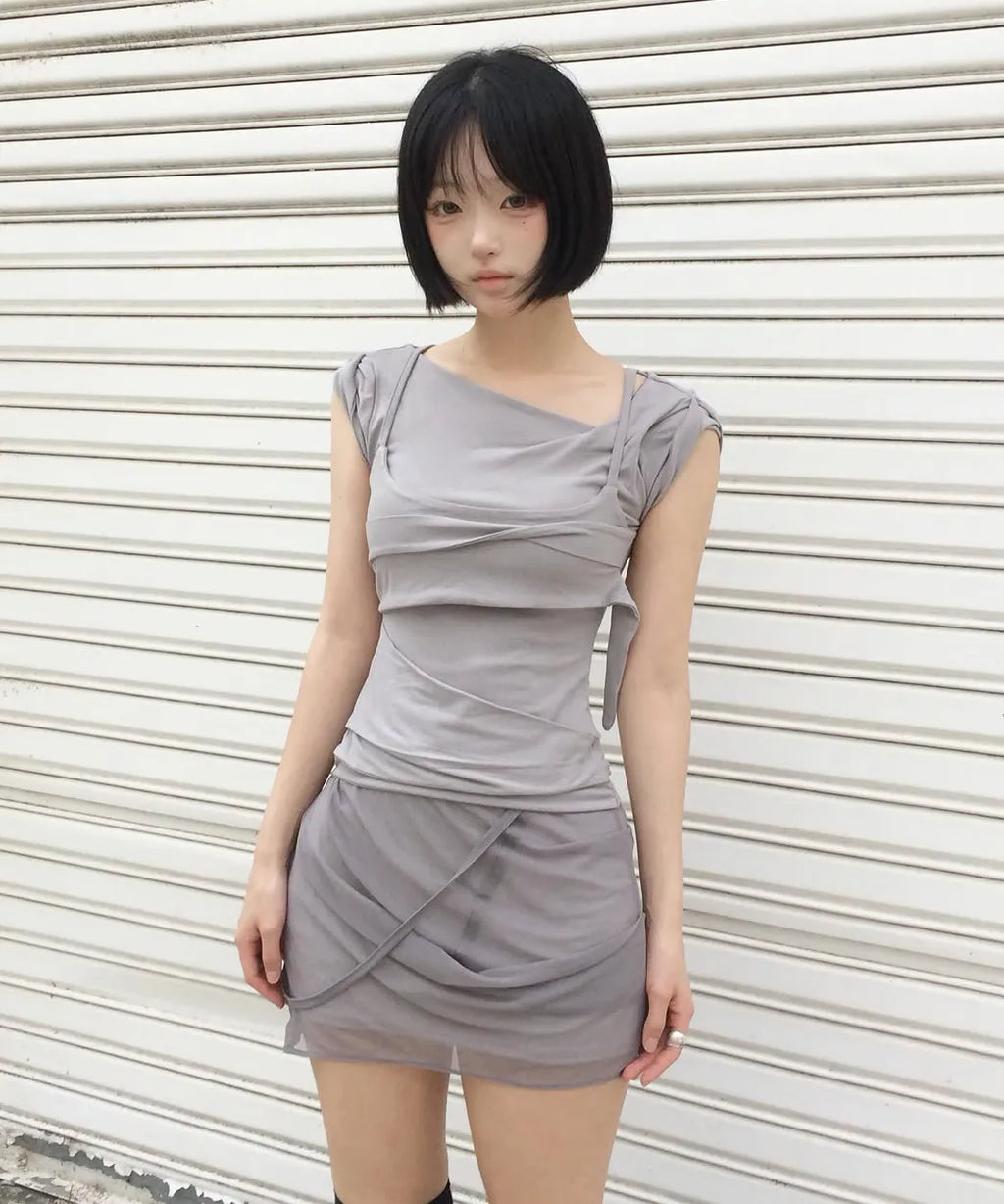 【Flare up】Draped Mesh Layered Mini Skirt [Black / Gray]