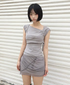 【Flare up】Draped Mesh Layered Mini Skirt [Black / Gray]