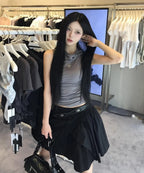 【Flare up】Hooded High Neck Sleeveless [Gray / Black]
