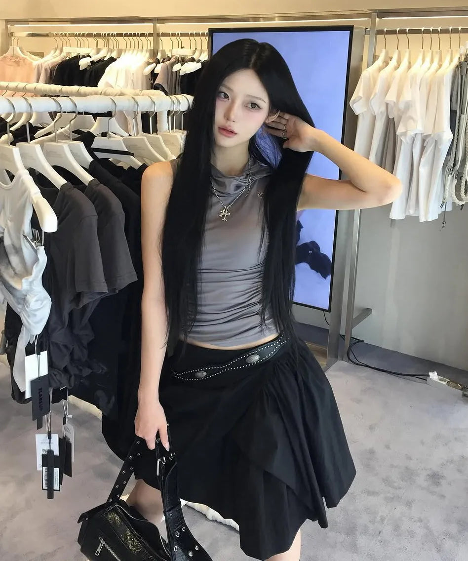 【Flare up】Hooded High Neck Sleeveless [Gray / Black]