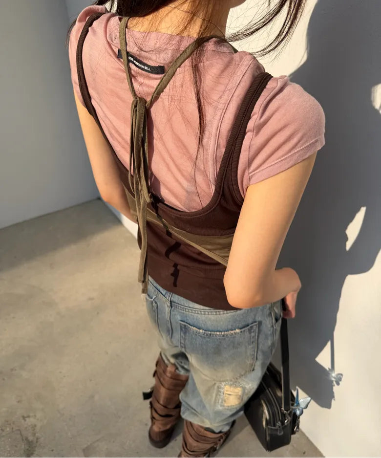 【ADSB】UPSIDE-DOWN LAYERED T-SHIRT [ PINK/BROWN / GREY/BLACK ]