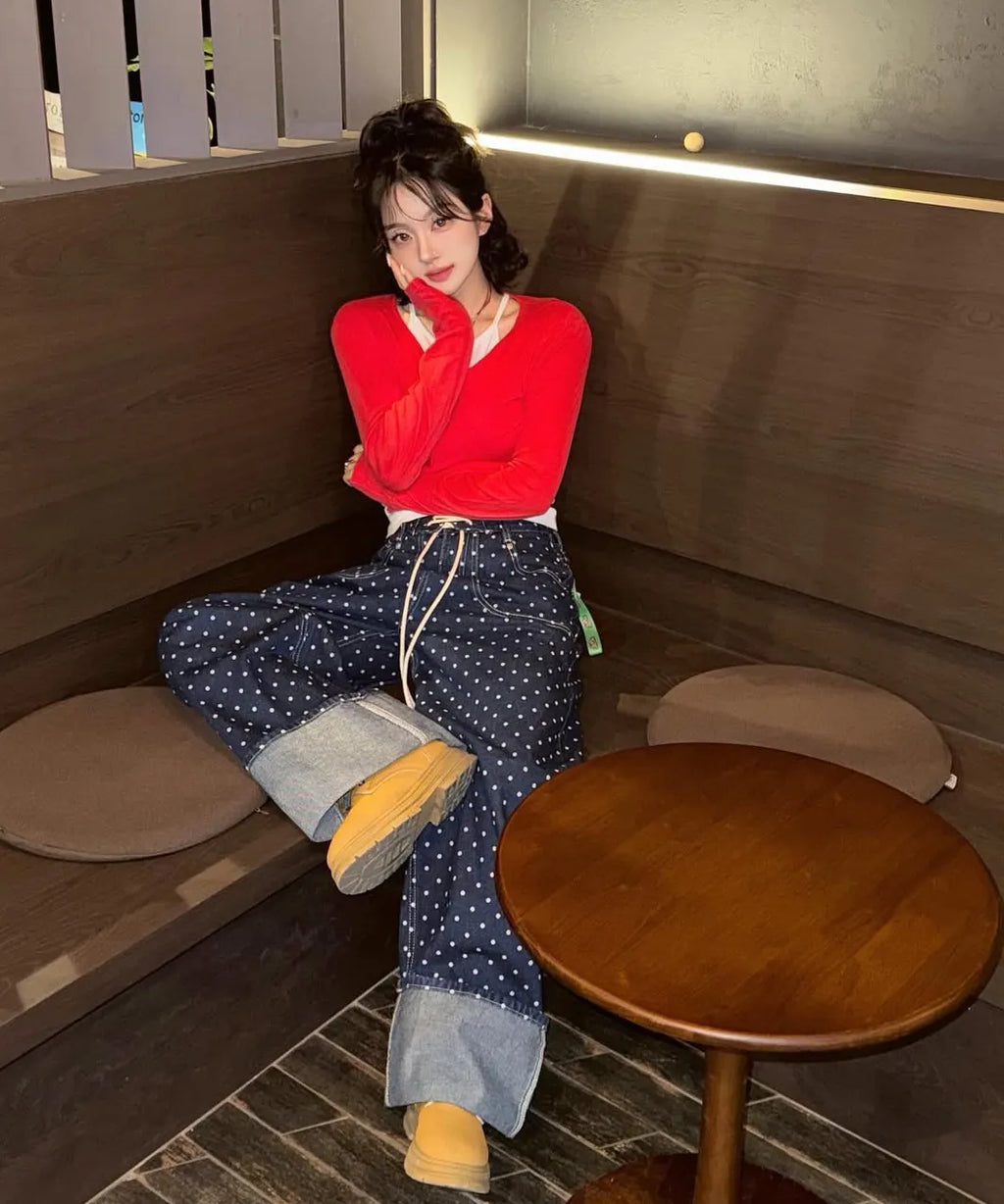 【Fancy Club】STRING DOT ROLL-UP PANTS [Black / Blue]