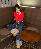 【Fancy Club】STRING DOT ROLL-UP PANTS [Black / Blue]