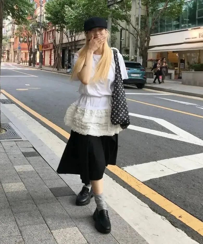 【Flare up】Layered Frill T-Shirt [White / Black]