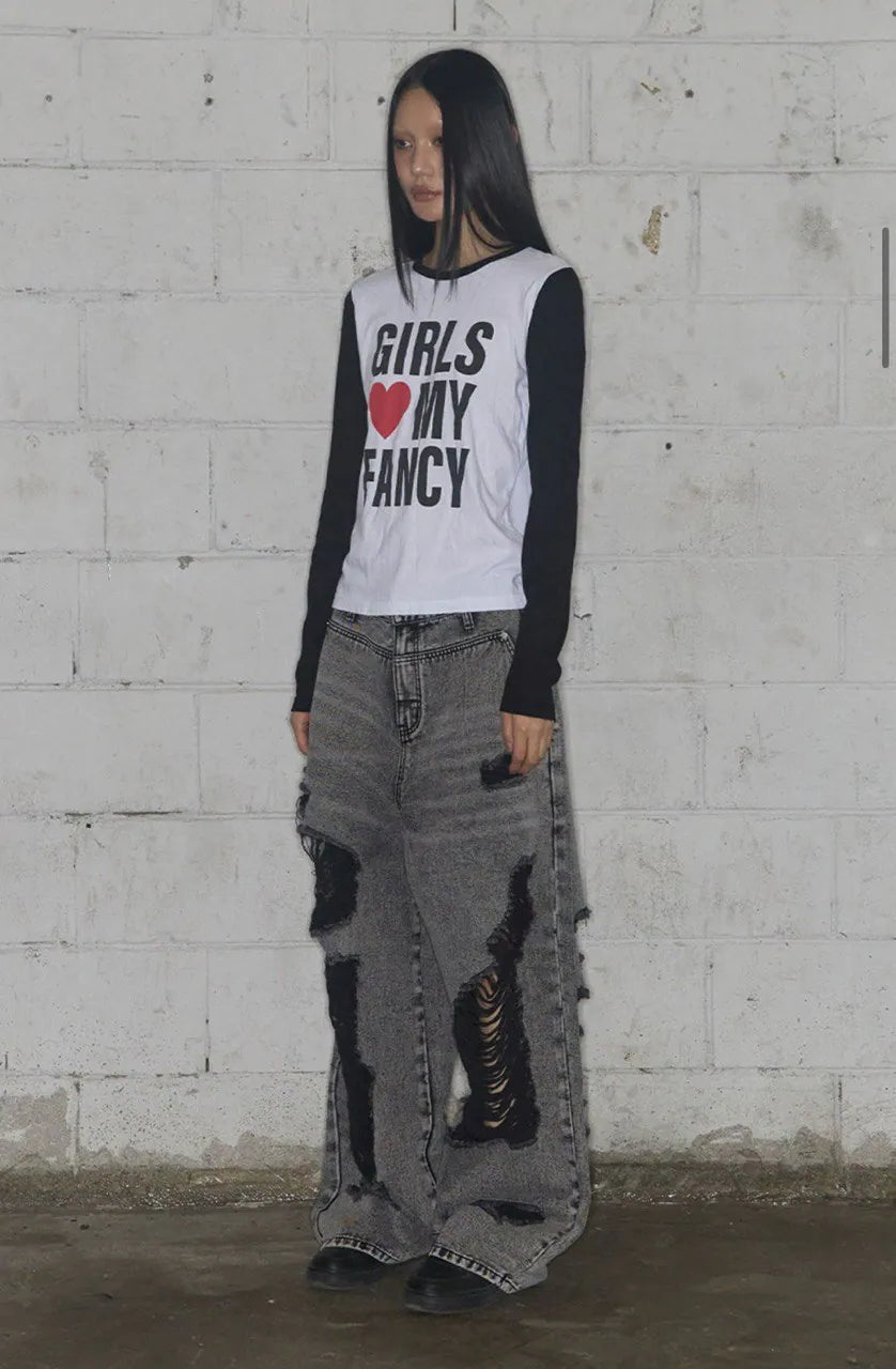 【Fancy Club】 WASHED DAMAGE DENIM PANTS [Black / Gray]