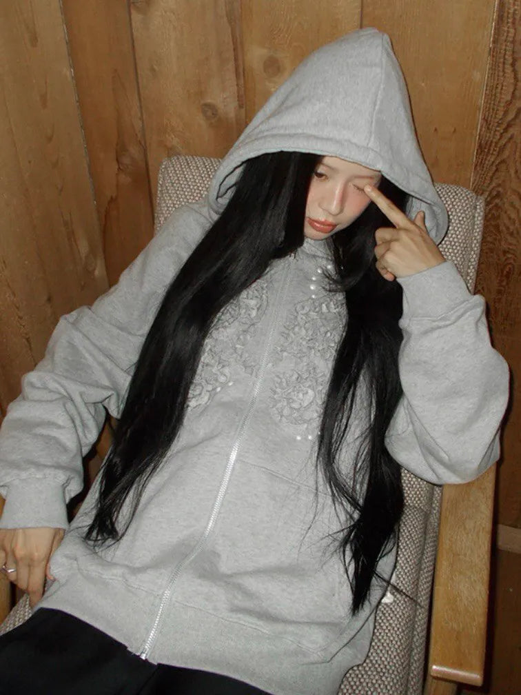 【Flare up】Ruffle Zip Hoodie  [Black / Gray / Dark gray / Cream]