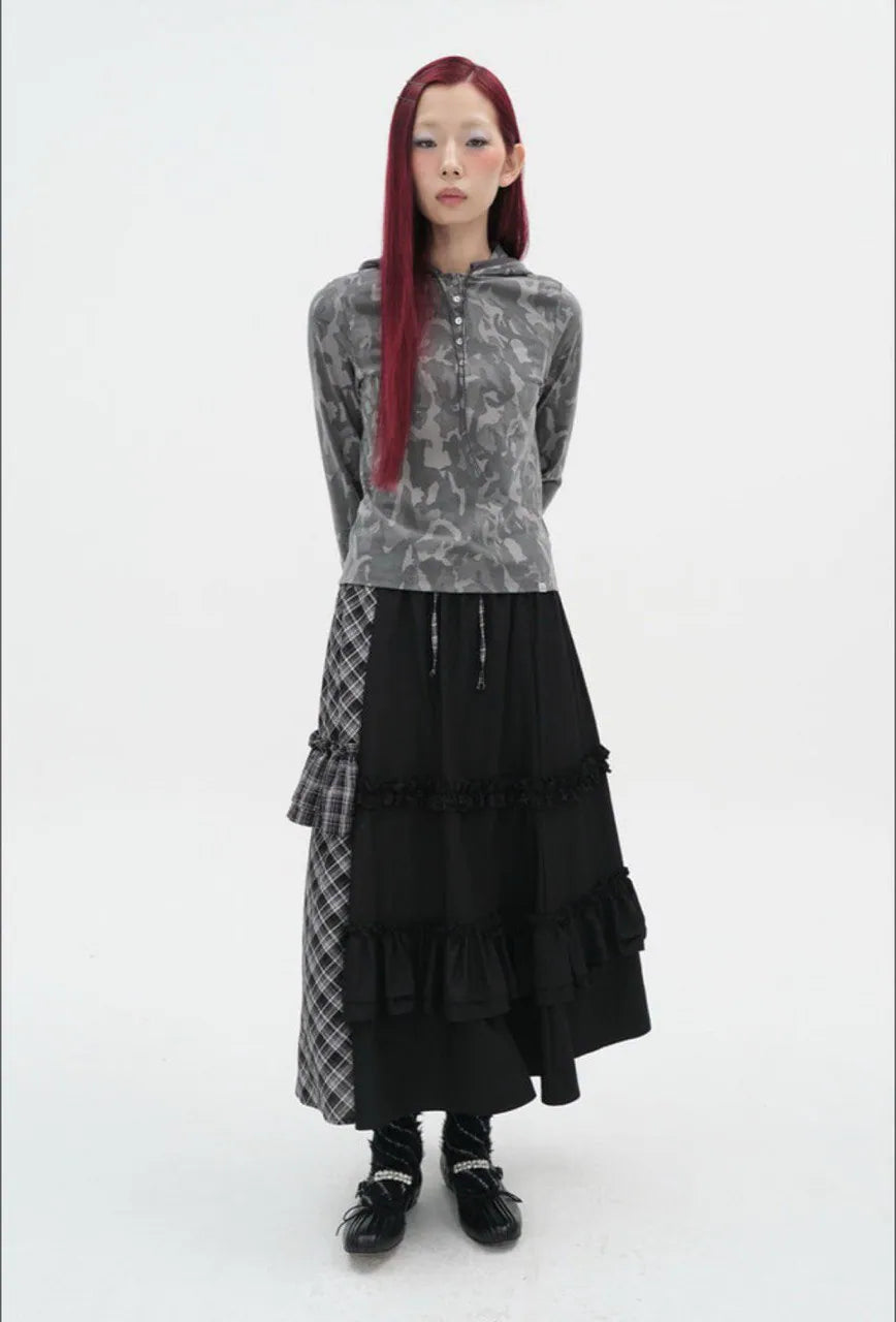 【typeservice】Check Panel Ruffle Skirt [Black]