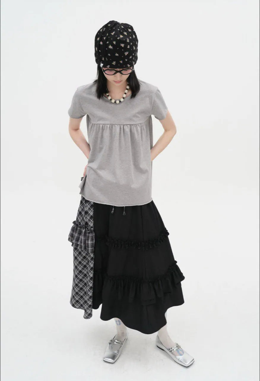 【typeservice】Check Panel Ruffle Skirt [Black]