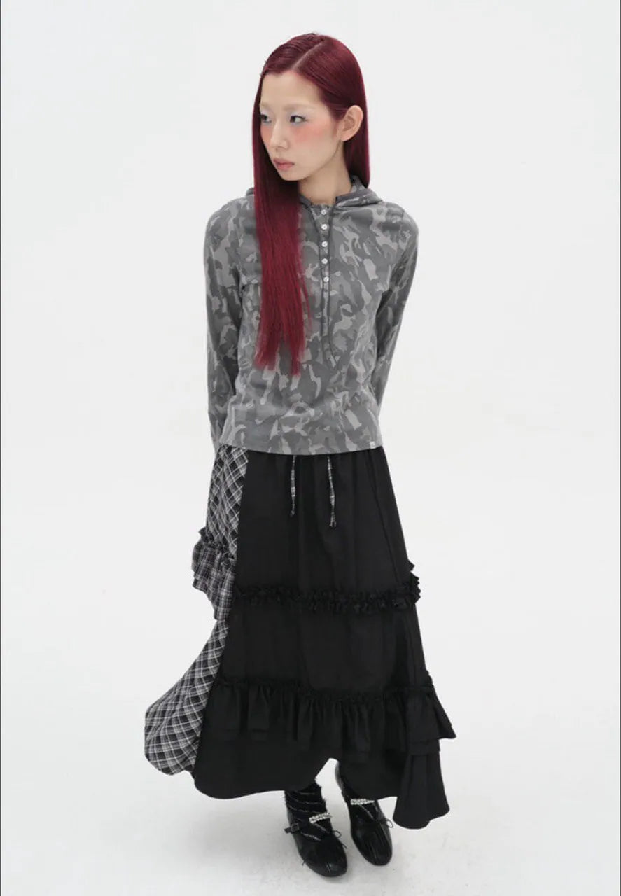 【typeservice】Check Panel Ruffle Skirt [Black]