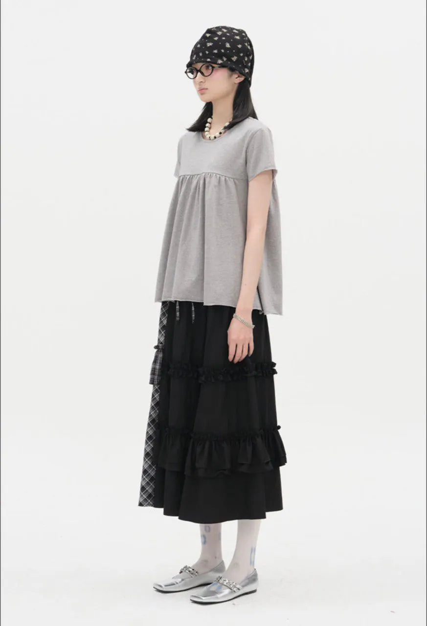 【typeservice】Check Panel Ruffle Skirt [Black]