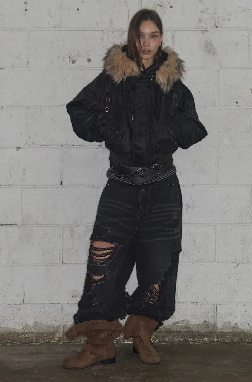 【Fancy Club】 WASHED DAMAGE DENIM PANTS [Black / Gray]