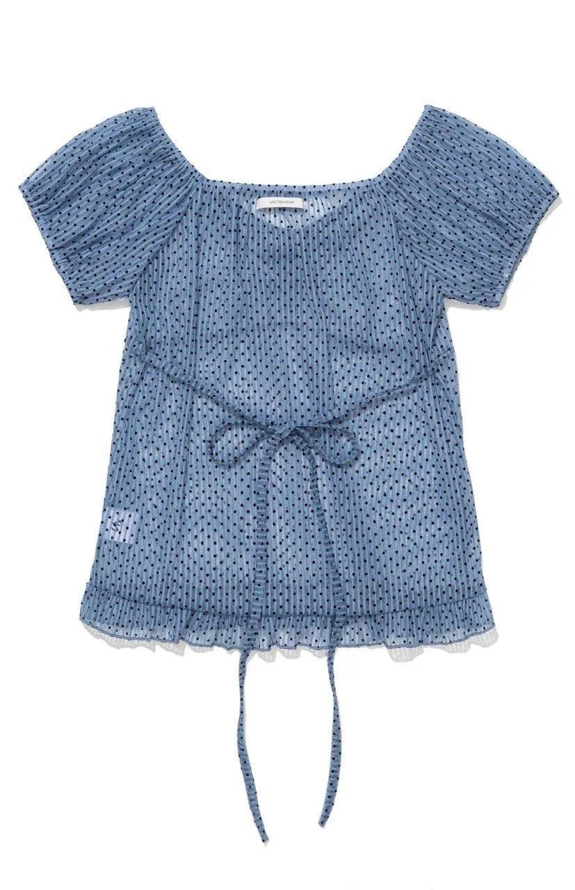 【Uglyshadow】 DOT SHIRRING BLOUSE [ BLACK / BLUE ]