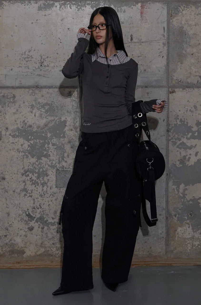 【Fancy Club】SHIRT LAYERED LONG SLEEVE [Gray / Black / Charcoal]