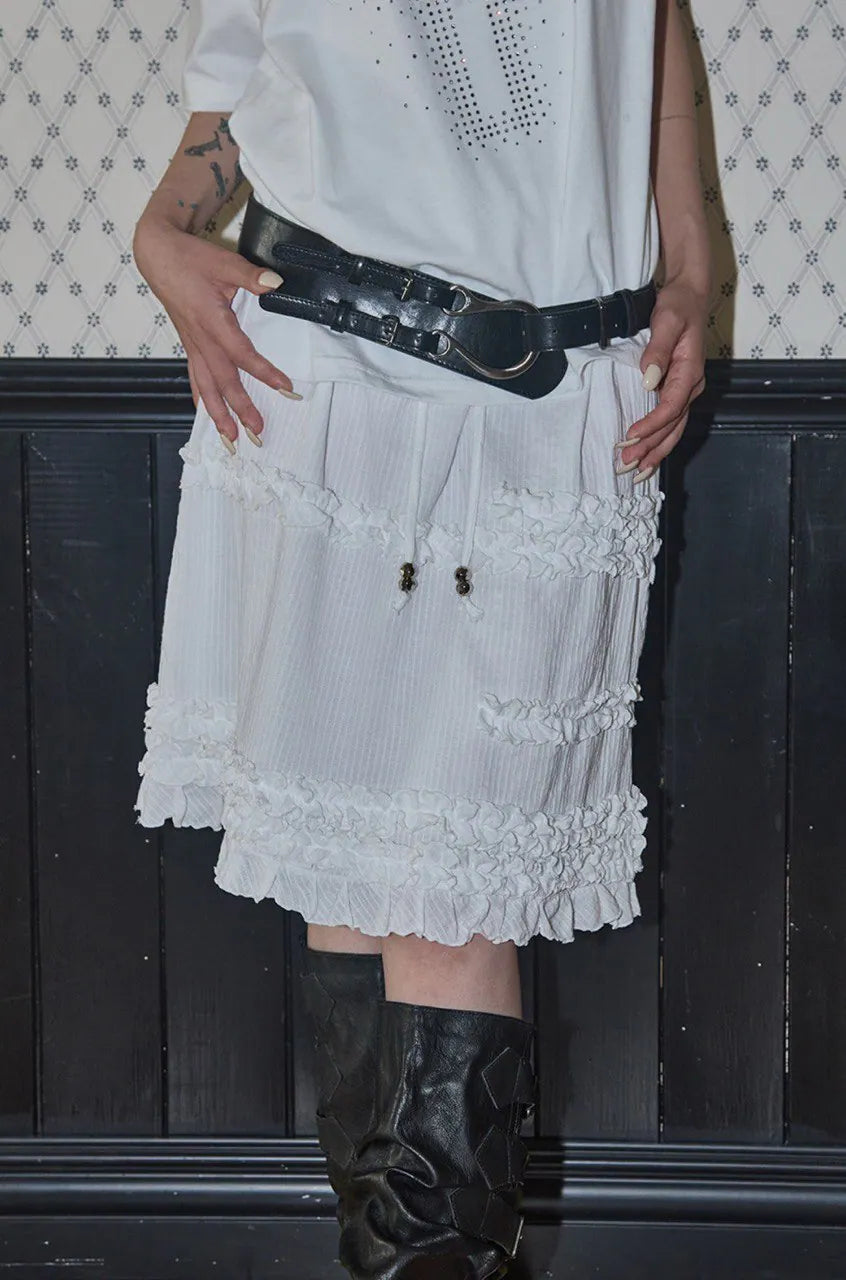 【Fancy Club】SHUSHU FRILL BLACK MIDI SKIRT [Black / White]