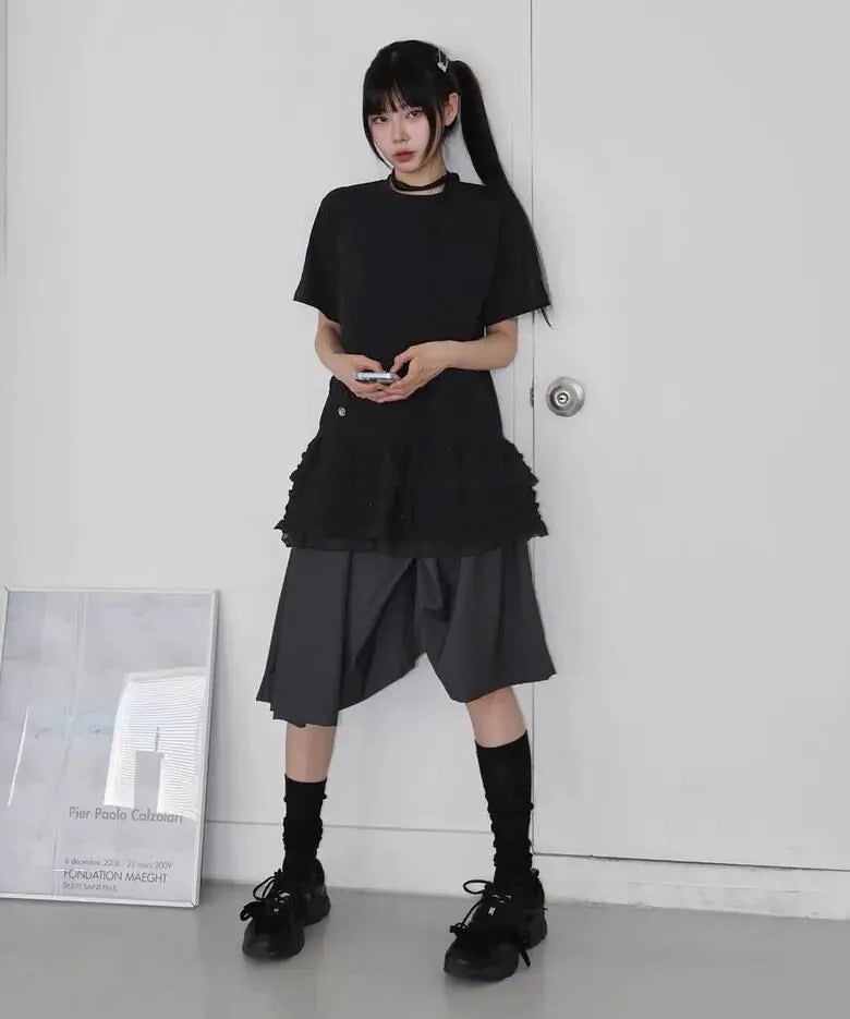 【Flare up】Layered Frill T-Shirt [White / Black]