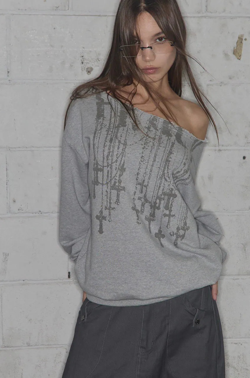 【Fancy Club】NECKLISS ONE-SHOULDER SWEATSHIRT [Gray / Black]