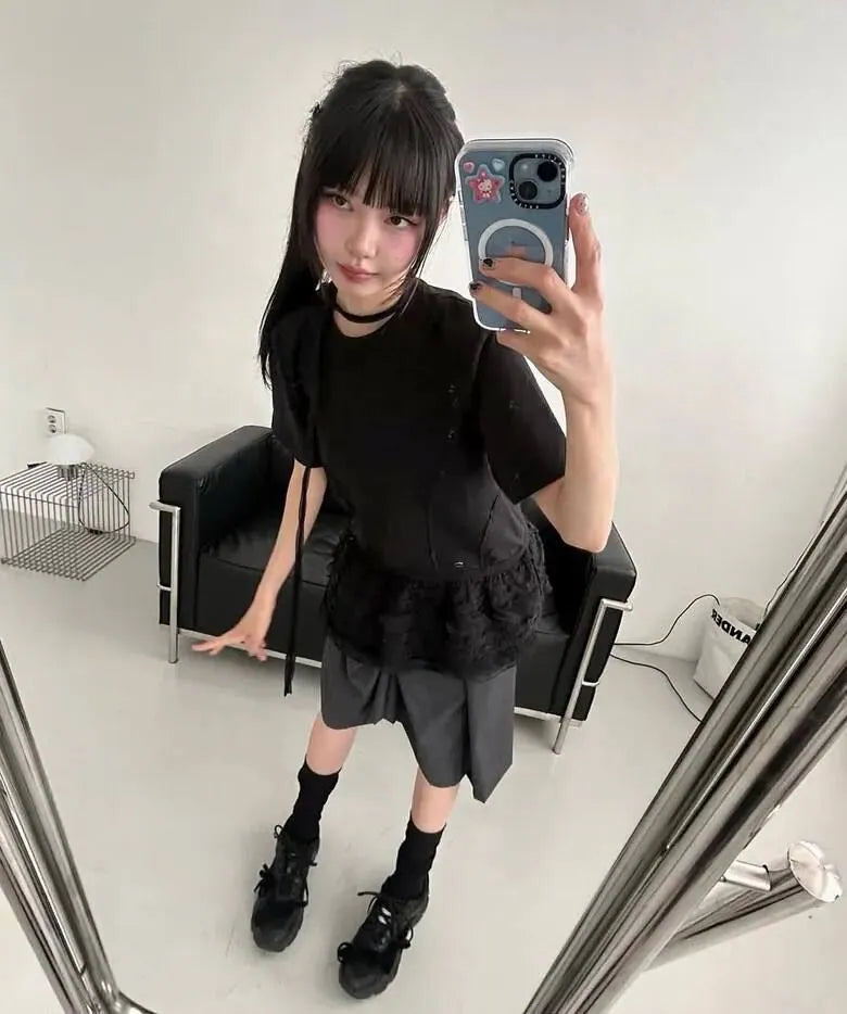 【Flare up】Layered Frill T-Shirt [White / Black]