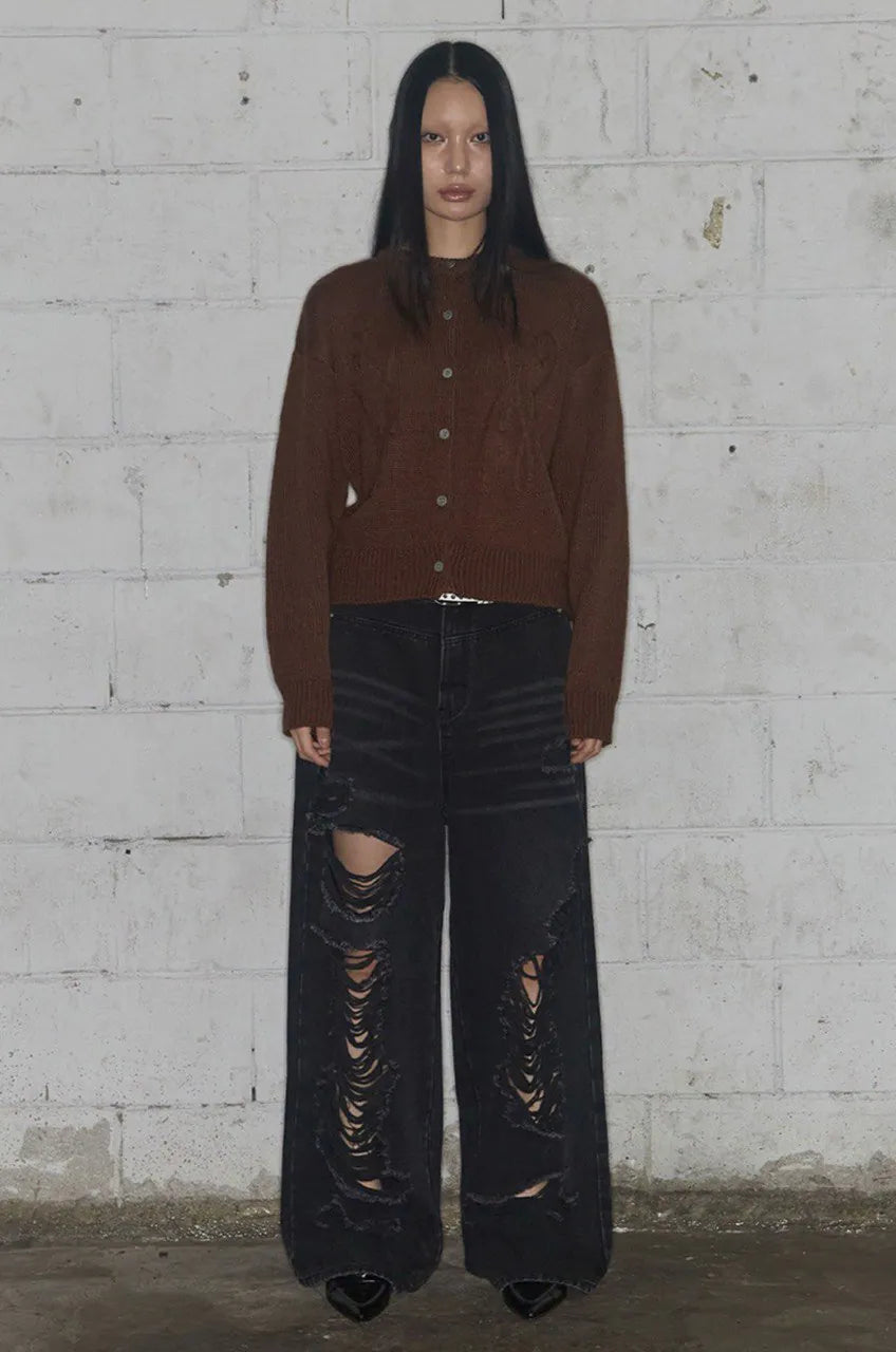 【Fancy Club】 WASHED DAMAGE DENIM PANTS [Black / Gray]