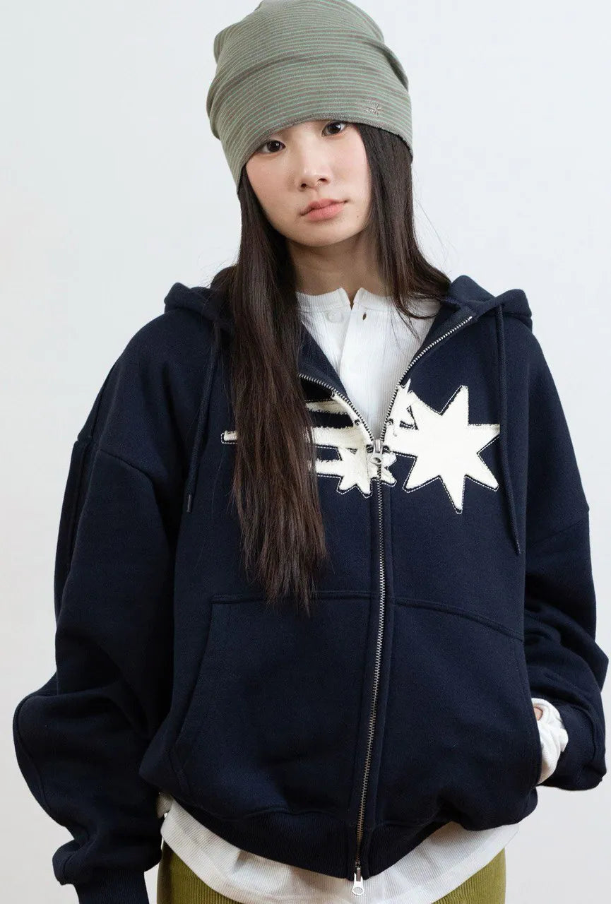【niceghostclub】3STAR APPLIQUE HOODIE ZIP UP [NAVY / WHITE / BURGUNDY]