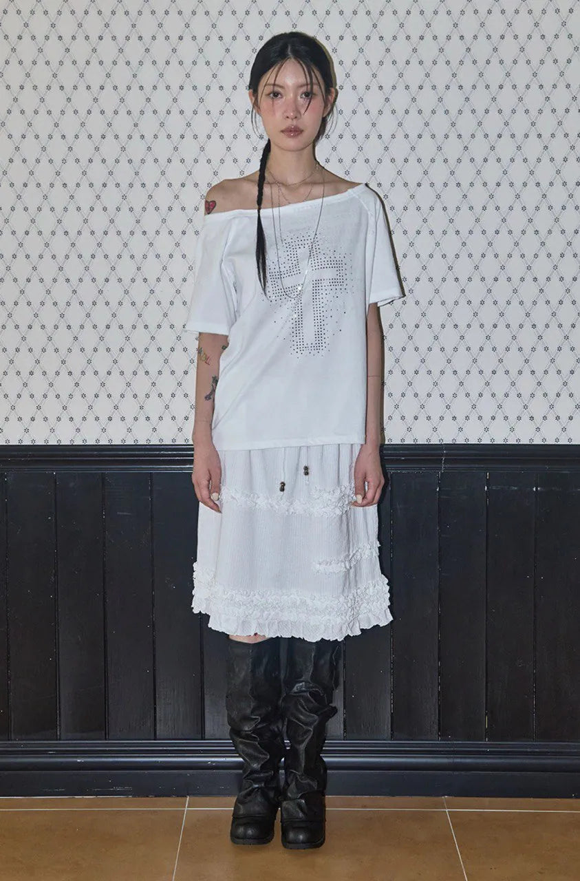 【Fancy Club】SHUSHU FRILL BLACK MIDI SKIRT [Black / White]