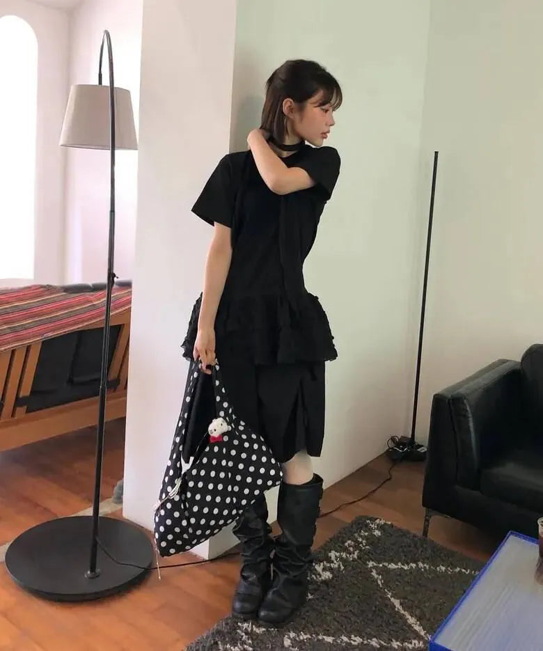 【Flare up】Layered Frill T-Shirt [White / Black]