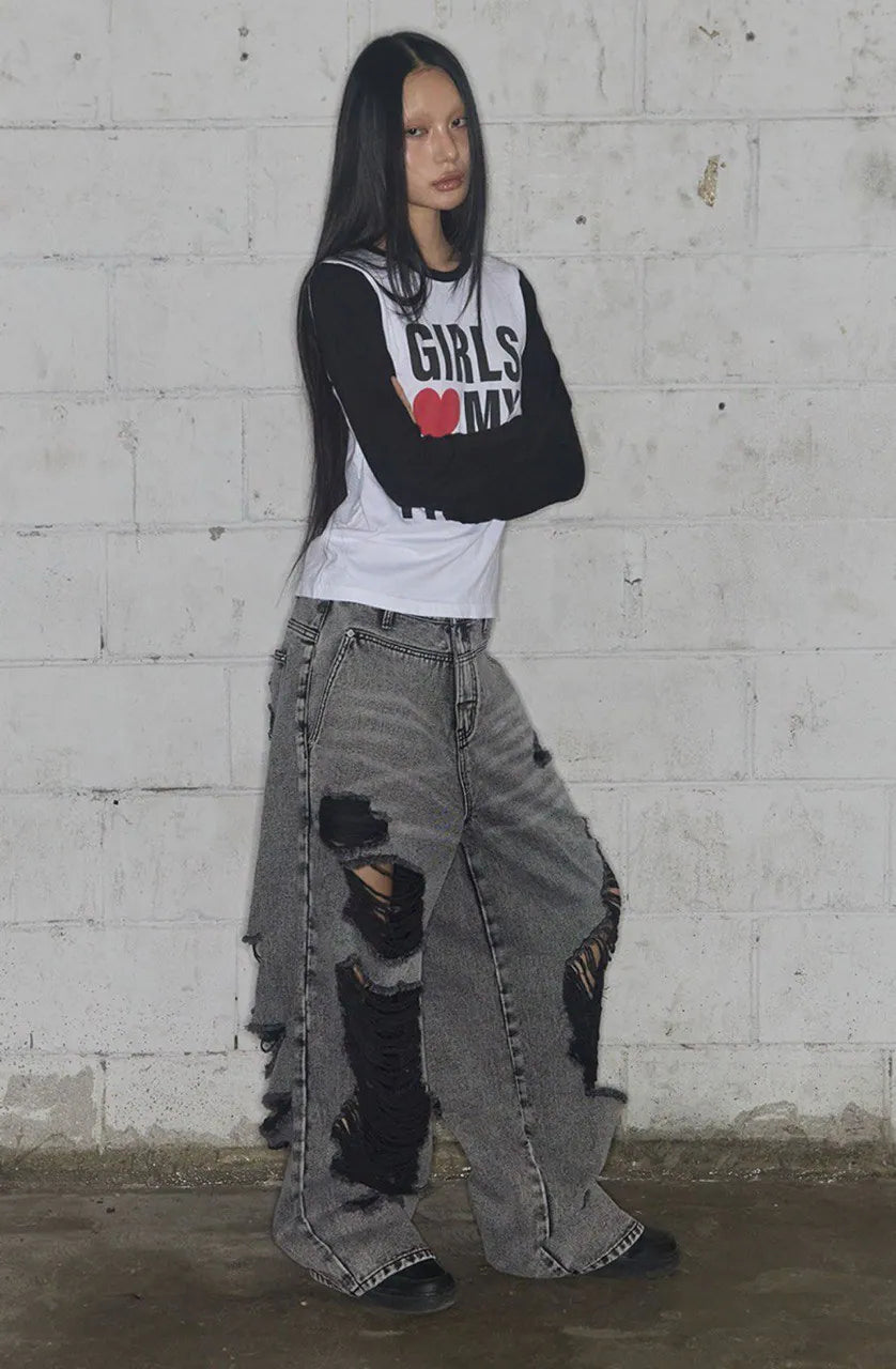【Fancy Club】 WASHED DAMAGE DENIM PANTS [Black / Gray]