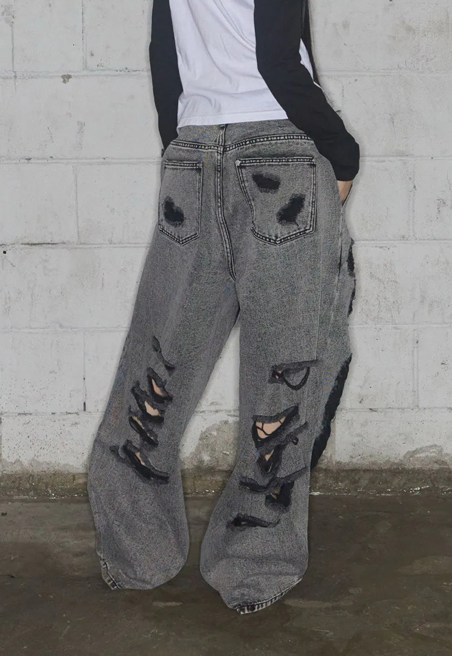 【Fancy Club】 WASHED DAMAGE DENIM PANTS [Black / Gray]