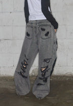 【Fancy Club】 WASHED DAMAGE DENIM PANTS [Black / Gray]