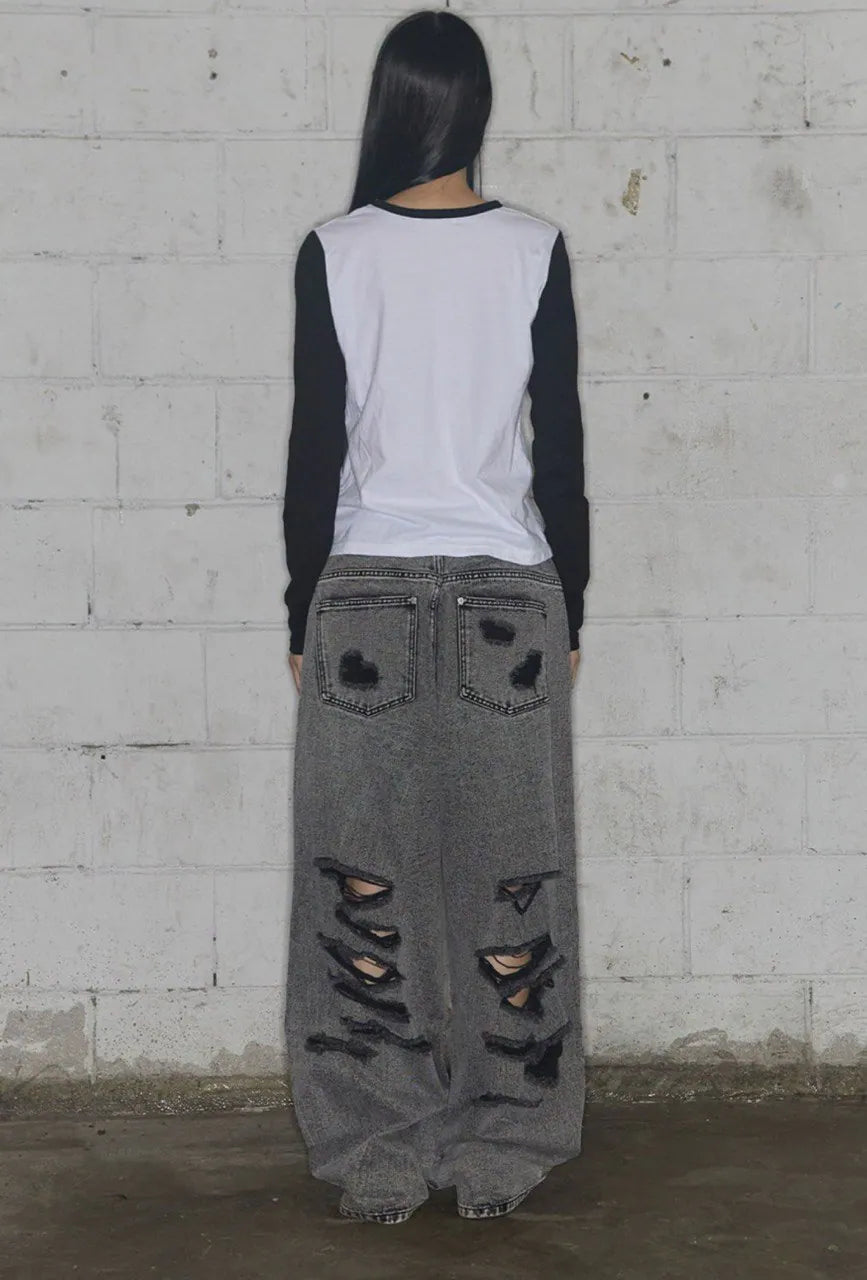 【Fancy Club】 WASHED DAMAGE DENIM PANTS [Black / Gray]
