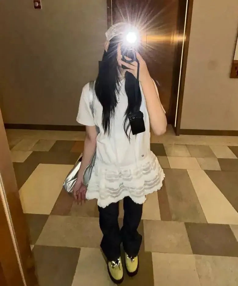 【Flare up】Layered Frill T-Shirt [White / Black]