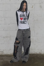 【Fancy Club】 WASHED DAMAGE DENIM PANTS [Black / Gray]