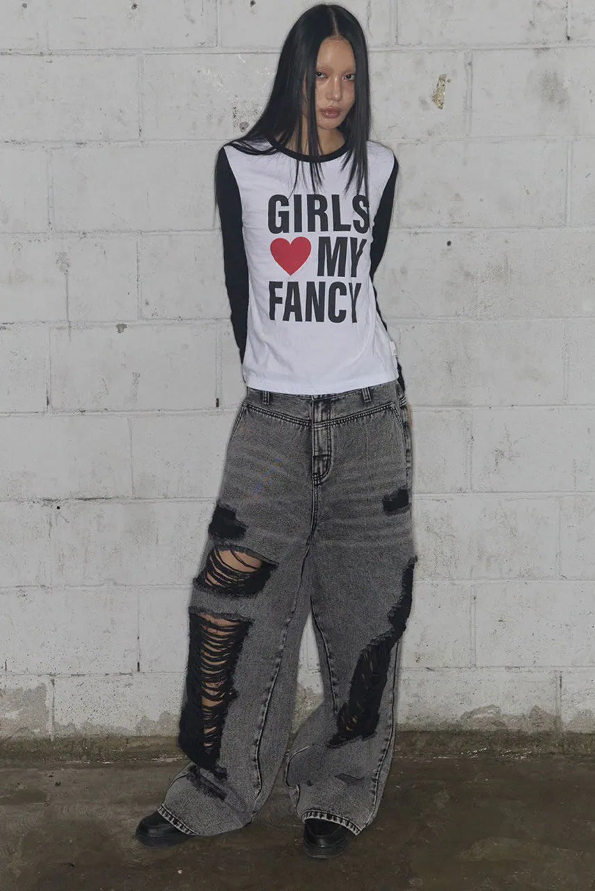 【Fancy Club】 WASHED DAMAGE DENIM PANTS [Black / Gray]