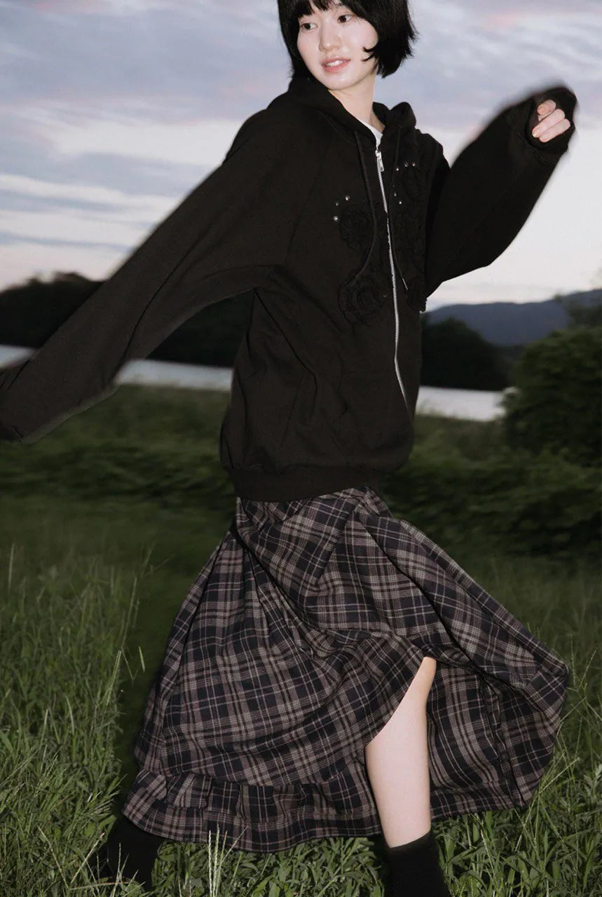 【Flare up】Ruffle Zip Hoodie  [Black / Gray / Dark gray / Cream]