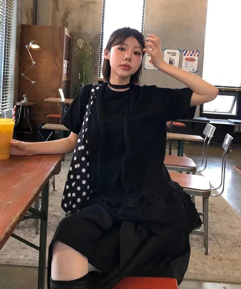 【Flare up】Layered Frill T-Shirt [White / Black]