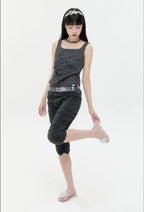 【typeservice】Striped Ruched Zip Tank [Charcoal]