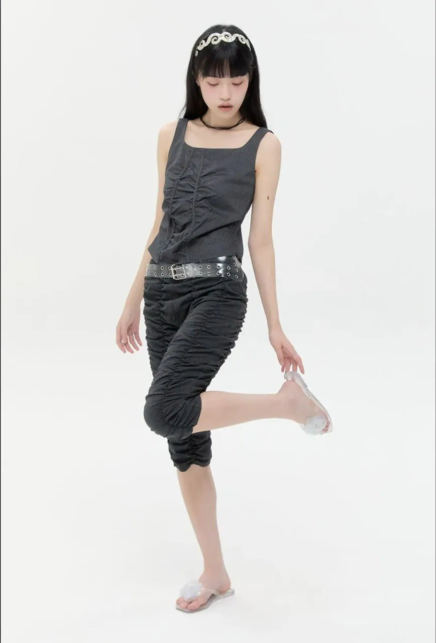 【typeservice】Striped Ruched Zip Tank [Charcoal]