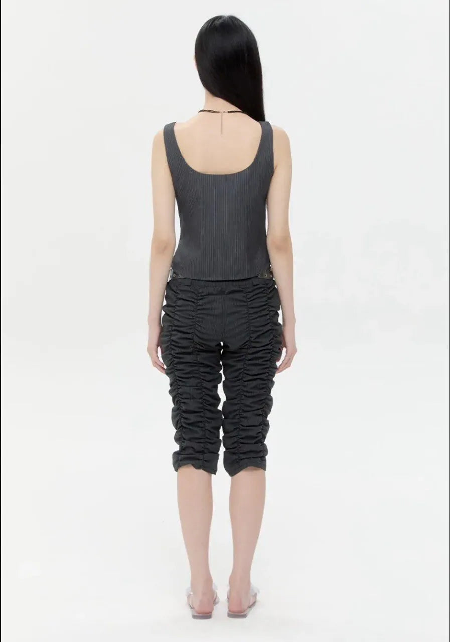 【typeservice】Striped Ruched Zip Tank [Charcoal]
