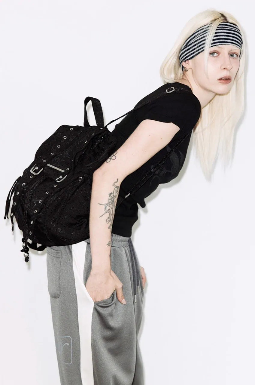 【Fancy Club】SATIN EYELET BACKPACK [White / Black]