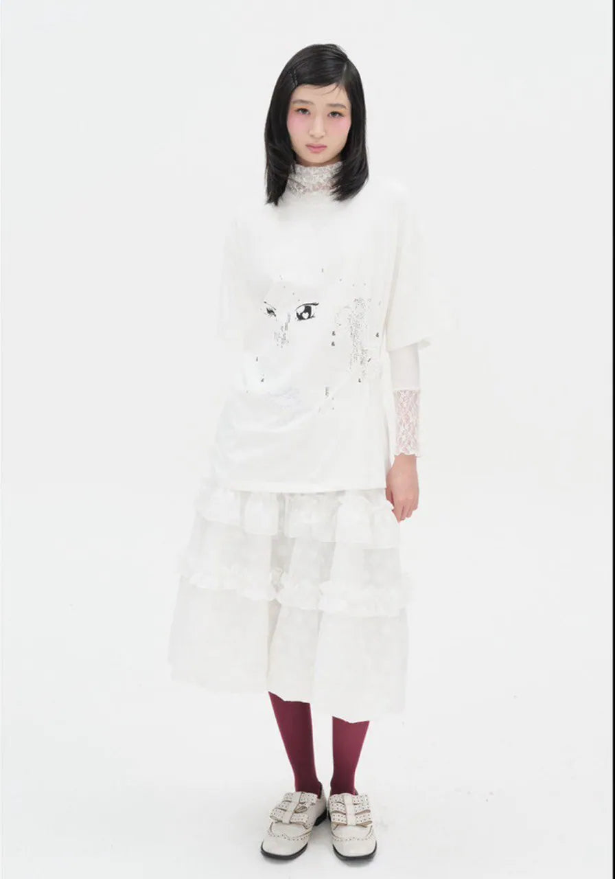 【typeservice】 Layered Volume Lace Skirt [White / Black]
