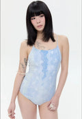 【typeservice】Lace Print Backless Swimsuit [Blue]