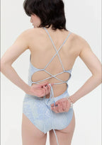 【typeservice】Lace Print Backless Swimsuit [Blue]