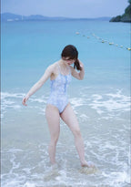 【typeservice】Lace Print Backless Swimsuit [Blue]