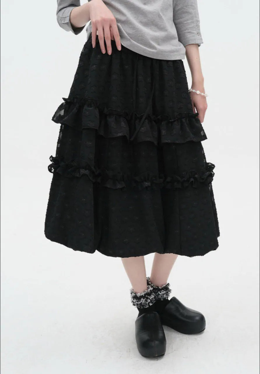 【typeservice】 Layered Volume Lace Skirt [White / Black]