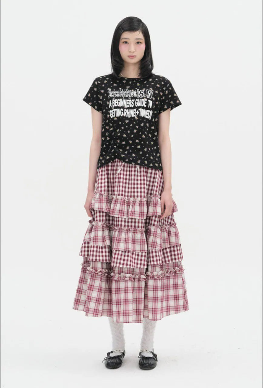 【typeservice】 Voluminous Check Tier Skirt [Black / Red]