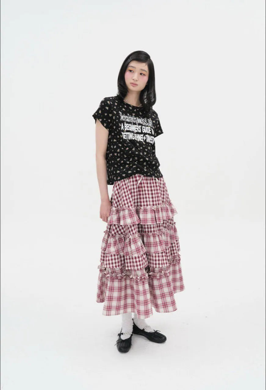 【typeservice】 Voluminous Check Tier Skirt [Black / Red]