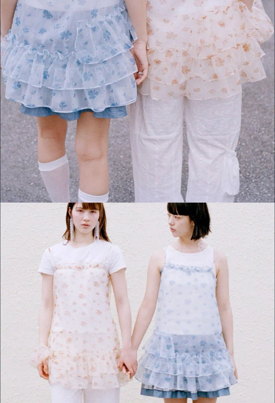 【typeservice】Mesh Ruffled Layered Dress [Yellow / Blue]