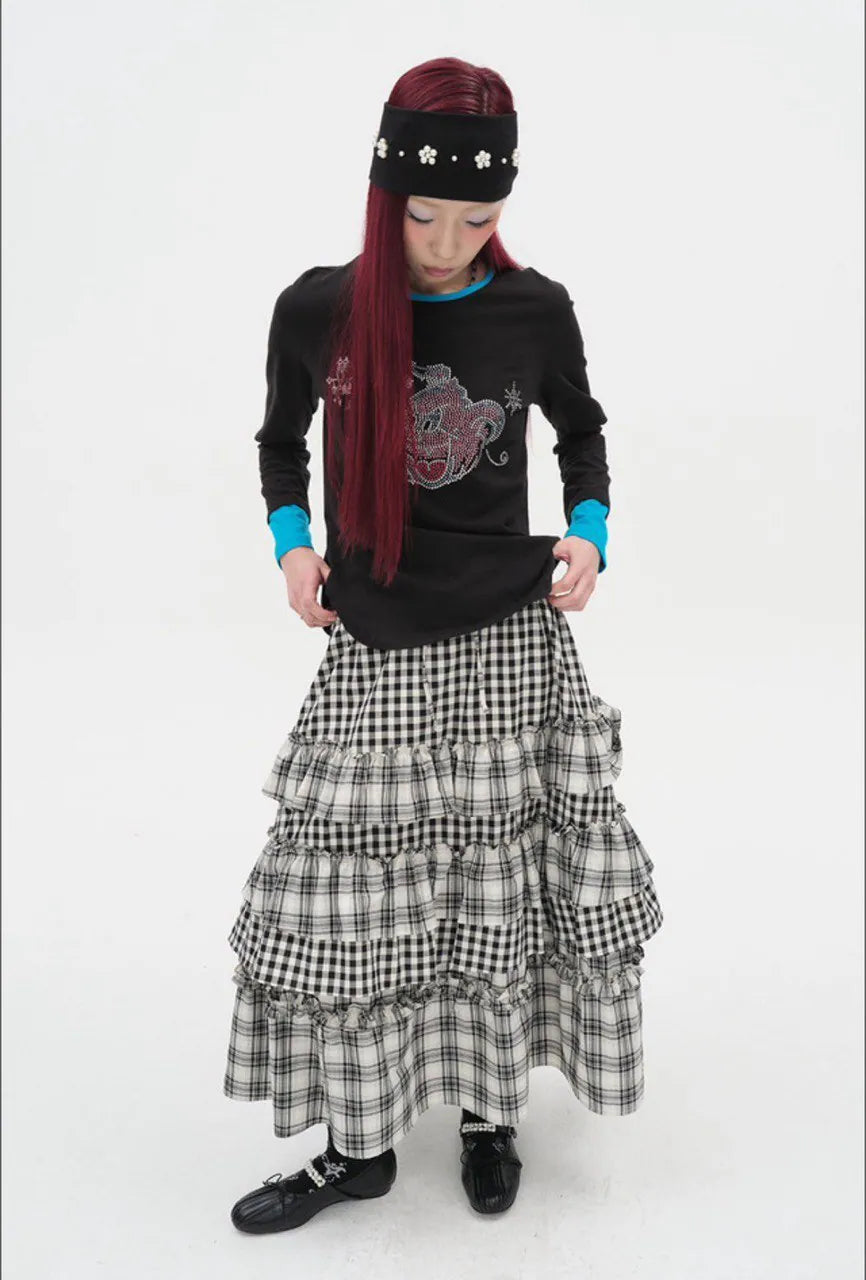 【typeservice】 Voluminous Check Tier Skirt [Black / Red]