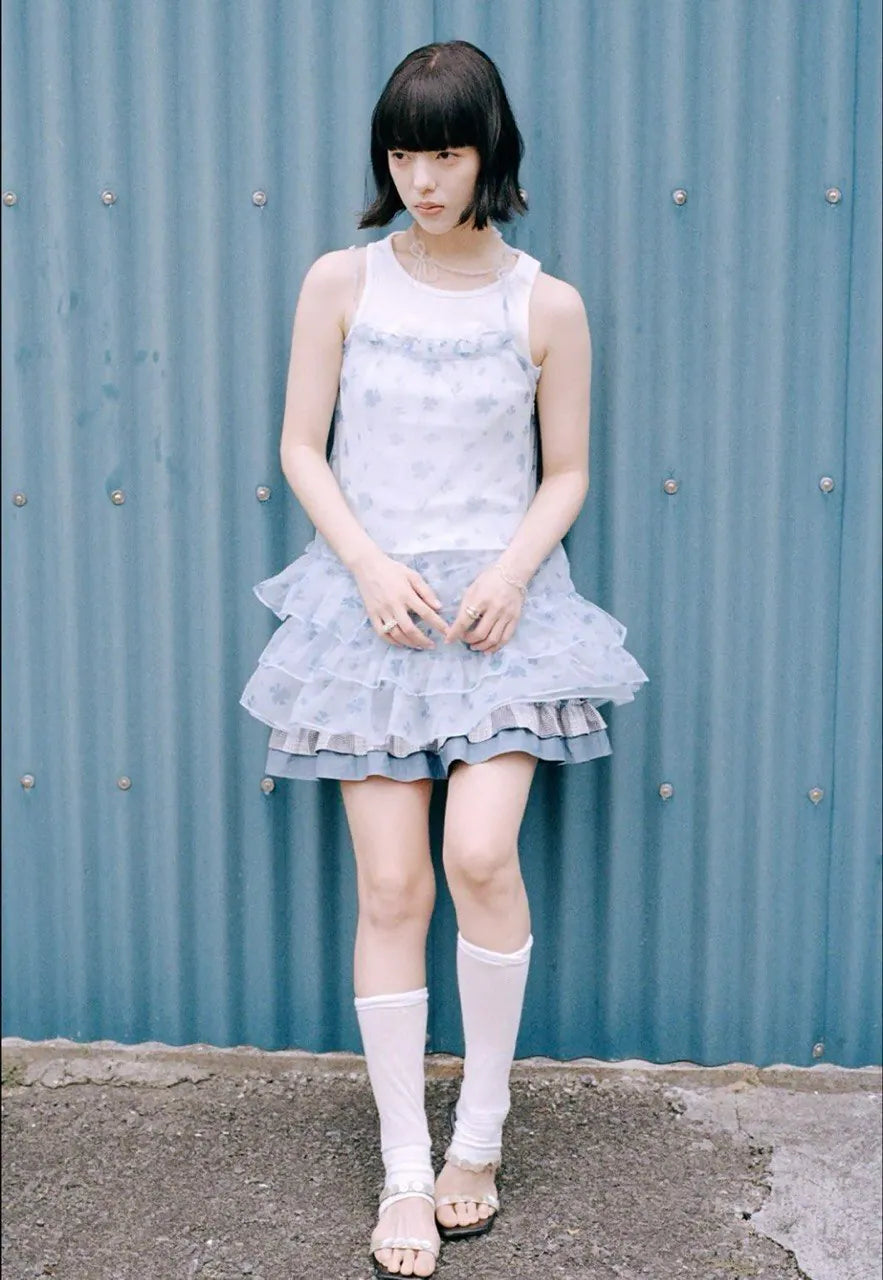 【typeservice】Mesh Ruffled Layered Dress [Yellow / Blue]