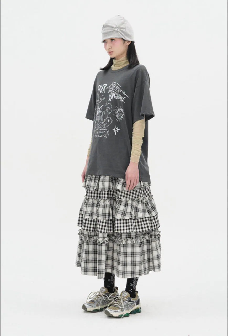 【typeservice】 Voluminous Check Tier Skirt [Black / Red]